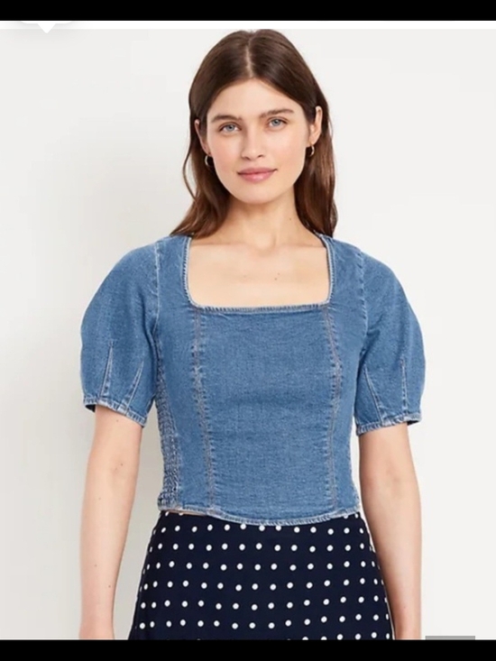 Old Navy Tops - OLD NAVY Blue Square-Neck Denim Puff Sleeve Crop Top